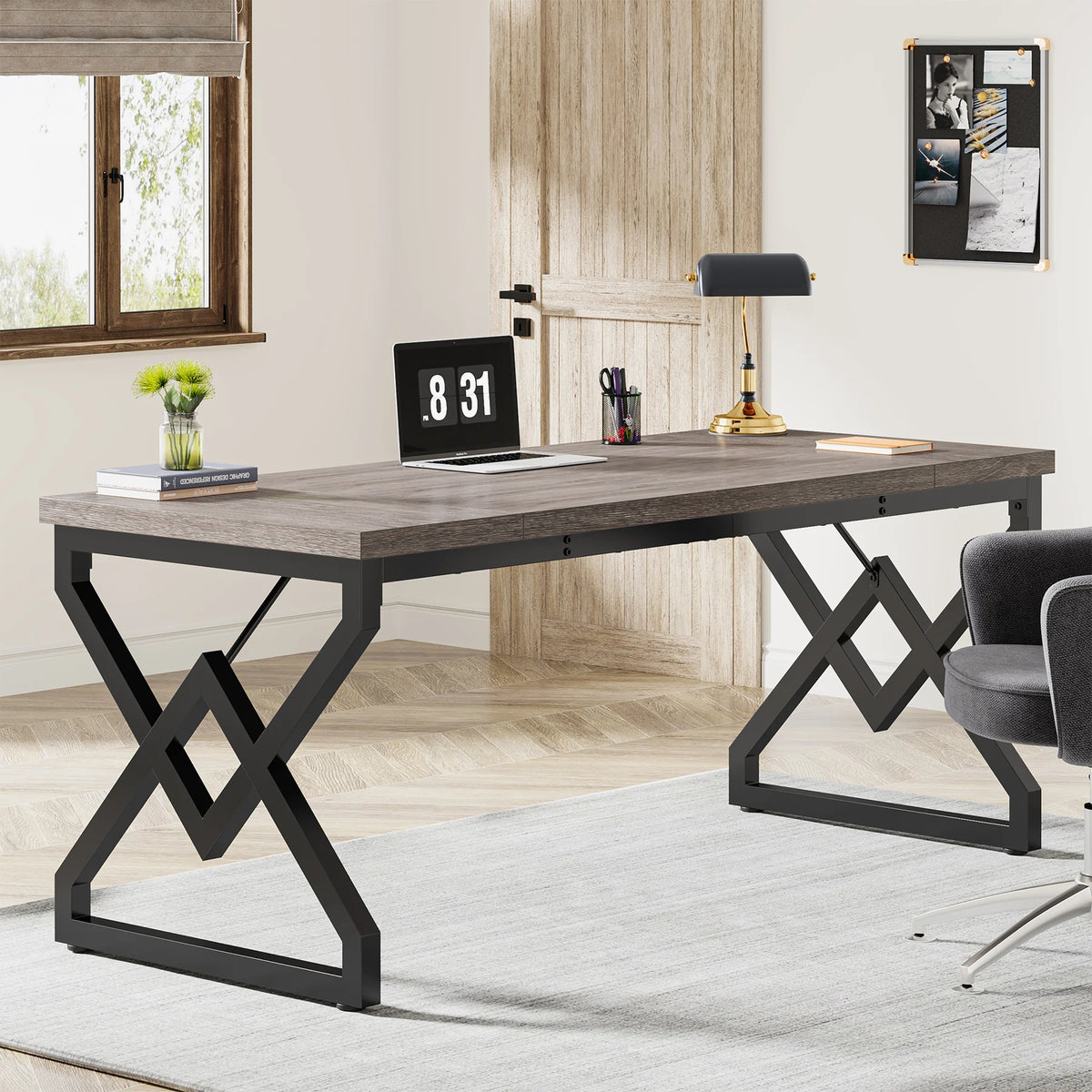 Tribesigns Heavy Duty Industrial Executive Desk With Reinforced Metal Frame
