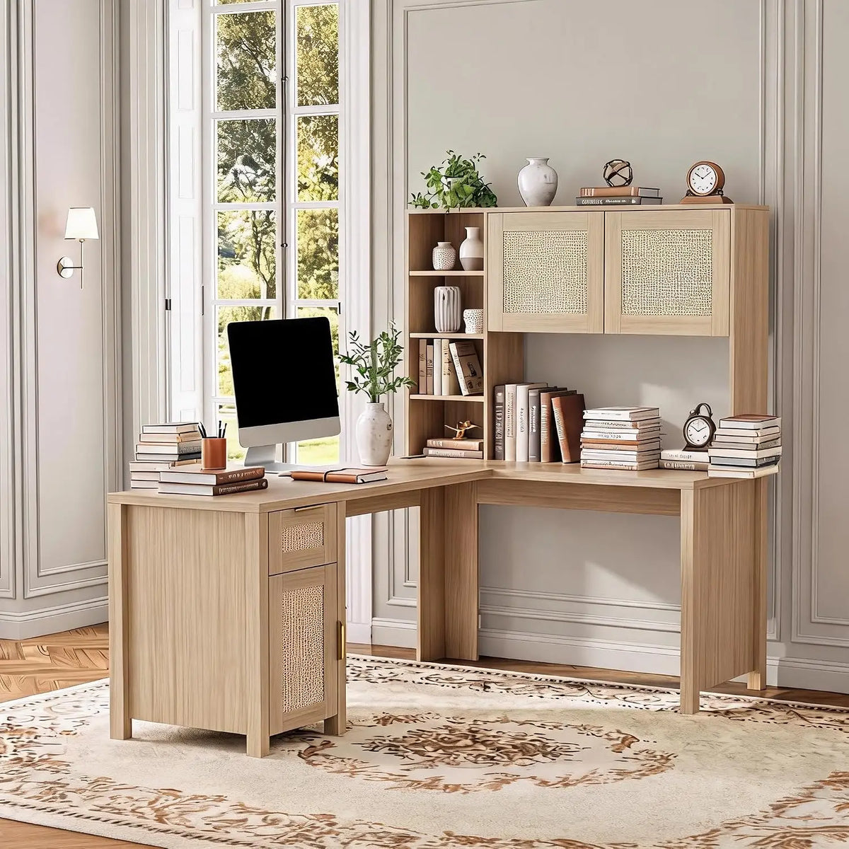 HiMISS L Shaped Corner Desk With Bookshelf Cabinet Charging Station