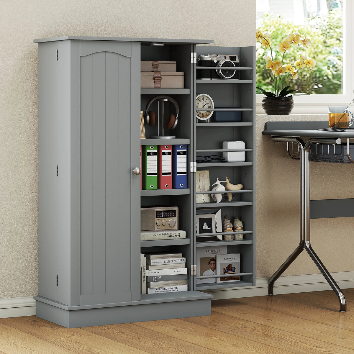 HOMCOM 41" Kitchen Pantry Storage Cabinet, Freestanding Kitchen Cabinet with 12 Door Shelves, 2 Doors, 5-tier Shelving and Adjustable Shelves, Gray
