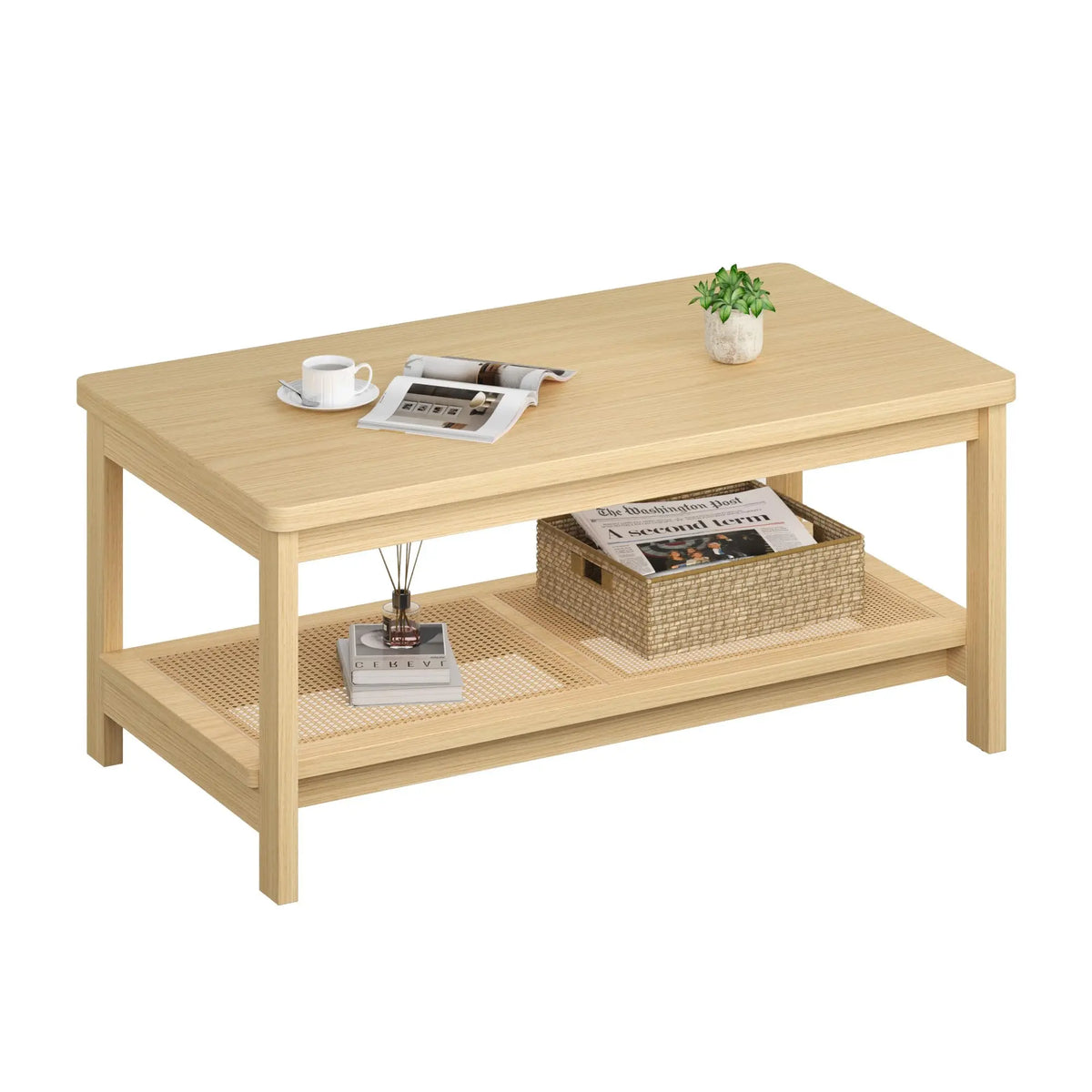 HiMISS Two Tier Coffee Table With Rattan Storage Shelf