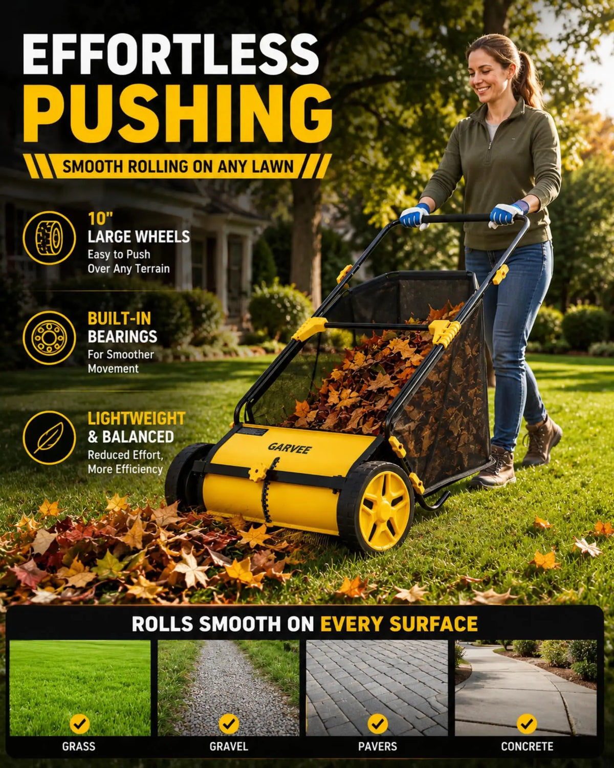 21 Inch Push Lawn Sweeper, Manual Leaf & Grass Collector With 3.5 Cu.Ft. Mesh Bag, Wheel-Driven Yard Sweeper, 10-Level Height Adjust
