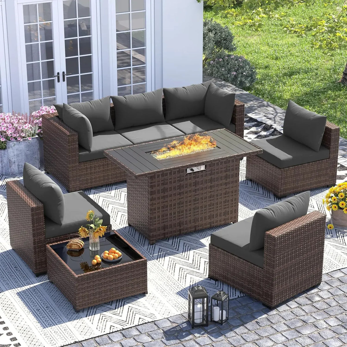 Modern Bamboo Outdoor Patio Furniture Set With Fire Pit Table