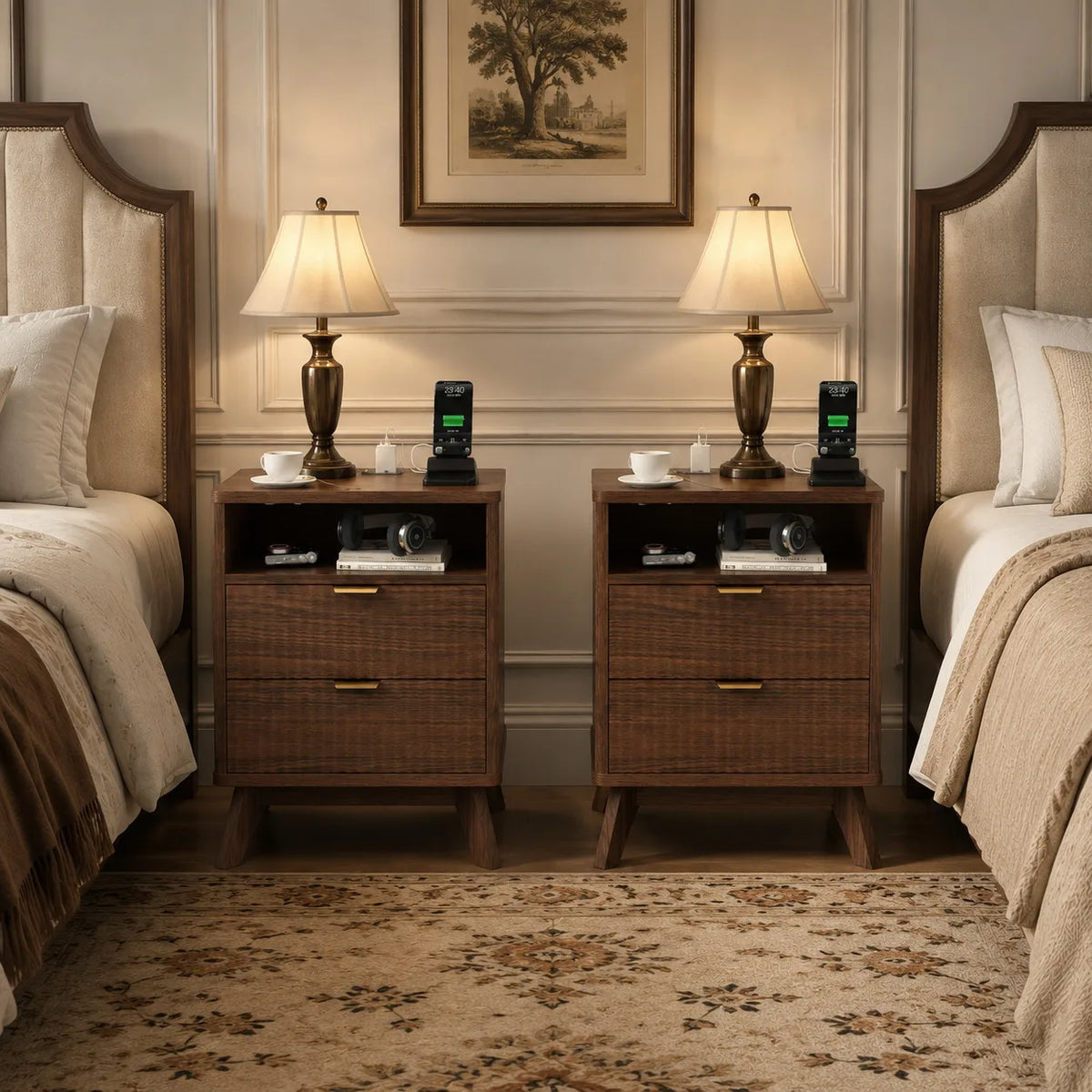 Modern Fluted Walnut Nightstand With Usb Charging And Storage Drawer