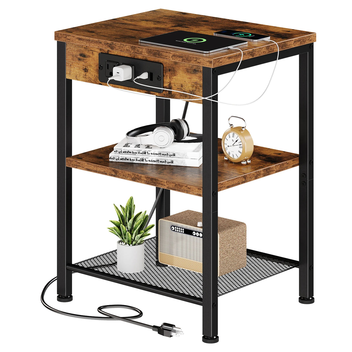 JHK Modern Wooden Side Table With Usb Charging Station Nightstand