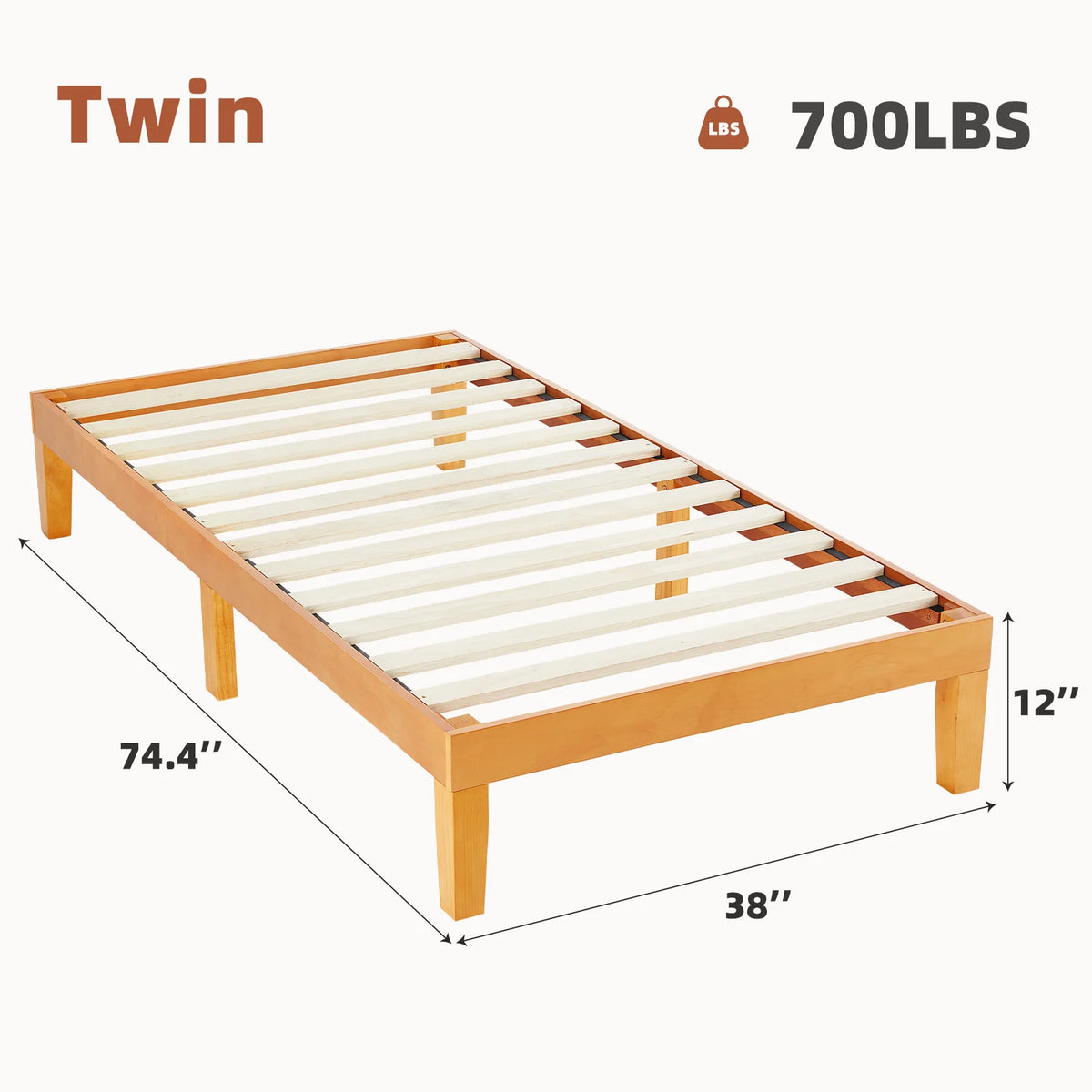 JHK Solid Wood Bed Frame Featuring Sturdy Slat Support System
