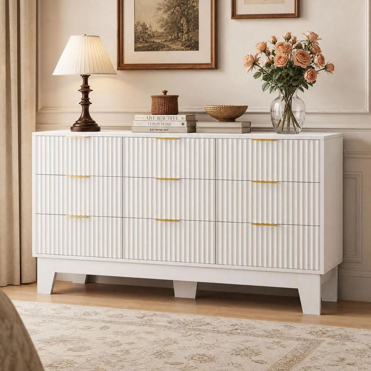 Modern Fluted Wood Dresser With 9 Drawers And Metal Handles
