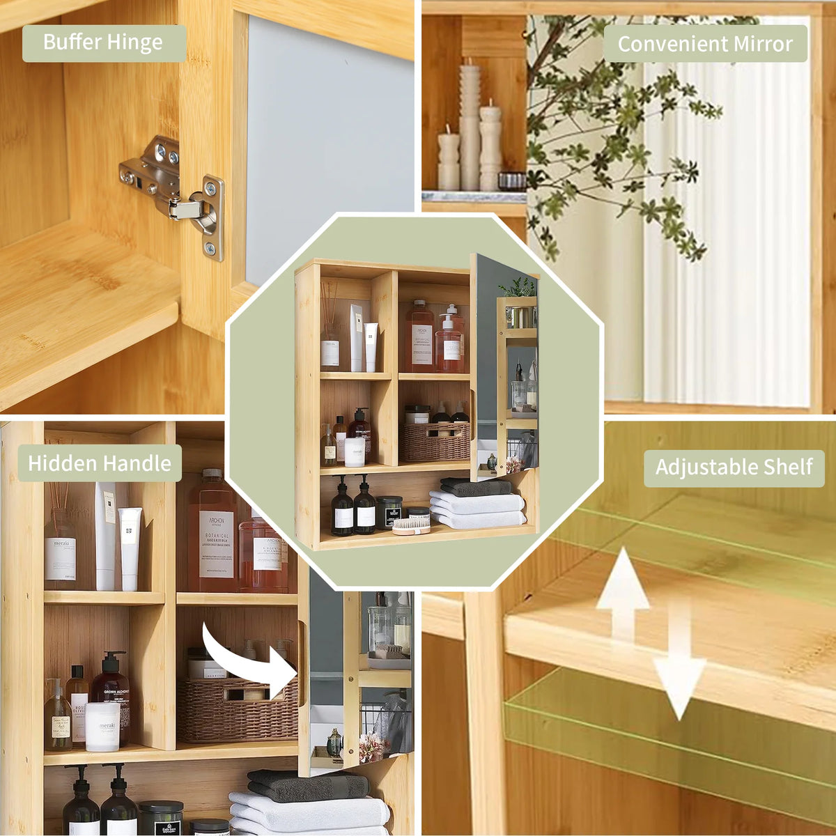 Wisfor Bathroom Cabinet With Mirror Bamboo Wall Medicine Storage Shelves