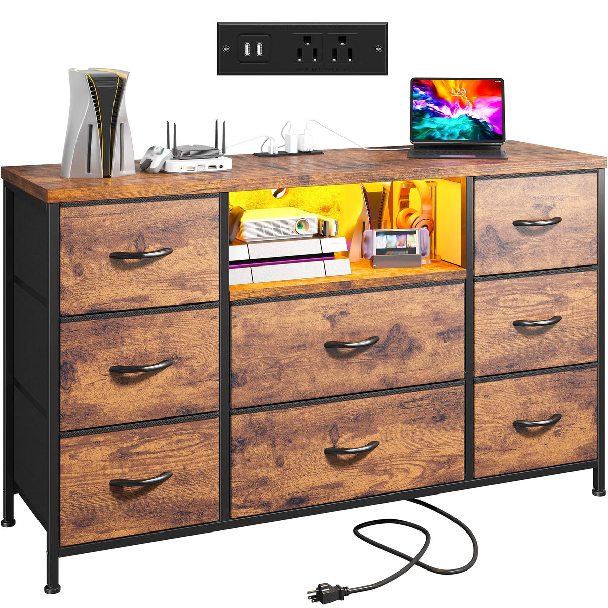 EnHomee 8 Drawer Fabric Media Dresser With LED Light Charger