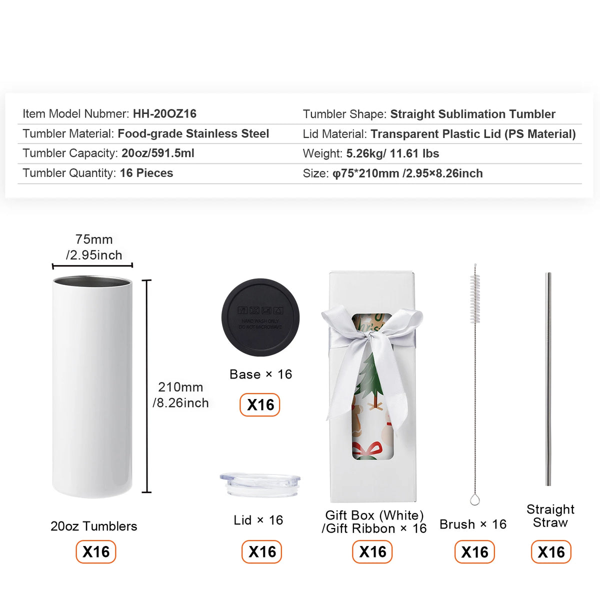 SucceBuy Blank Sublimation Tumblers Stainless Steel Drinkware Set