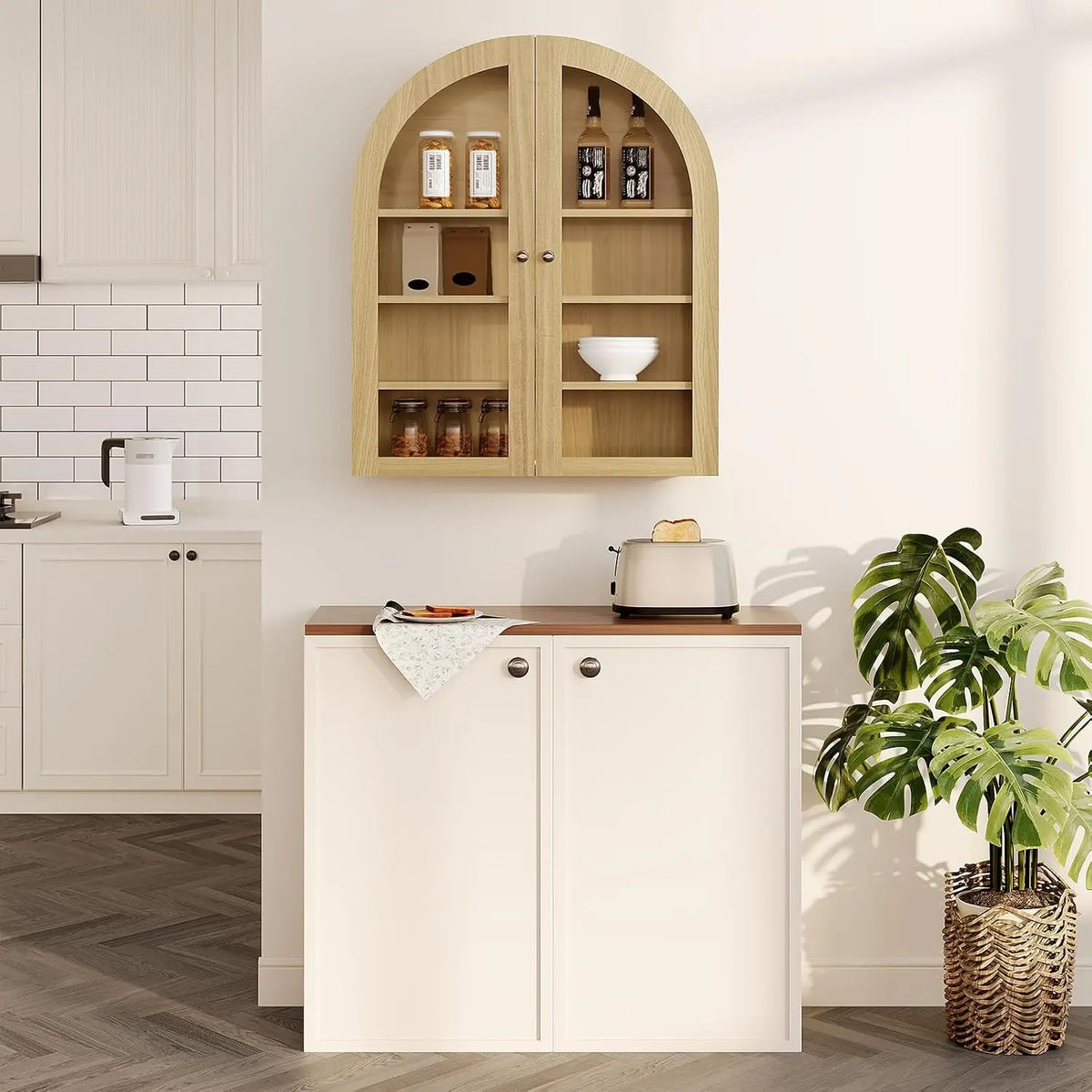 Arched Bathroom Wall Cabinet, Wall Mounted Over Toilet Cabinet, Floating Bathroom Storage Cabinet with Doors & Adjustable Shelf, Medicine Cabinet for Bathroom, Kitchen, Living Room