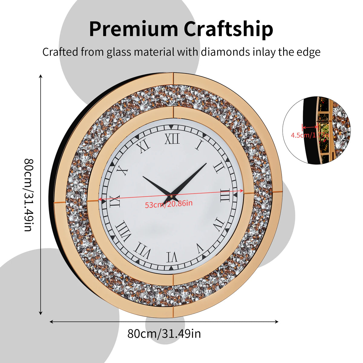 Elegant Round Mirror Wall Clock Featuring Sparkle Crystal Design