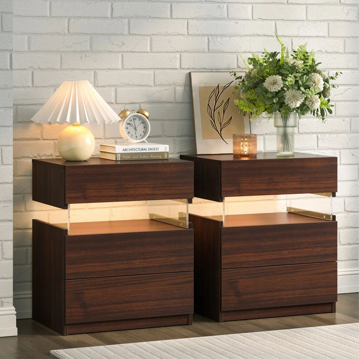 Cubehom Wooden Bedside Tables With Led Lighting And Drawers