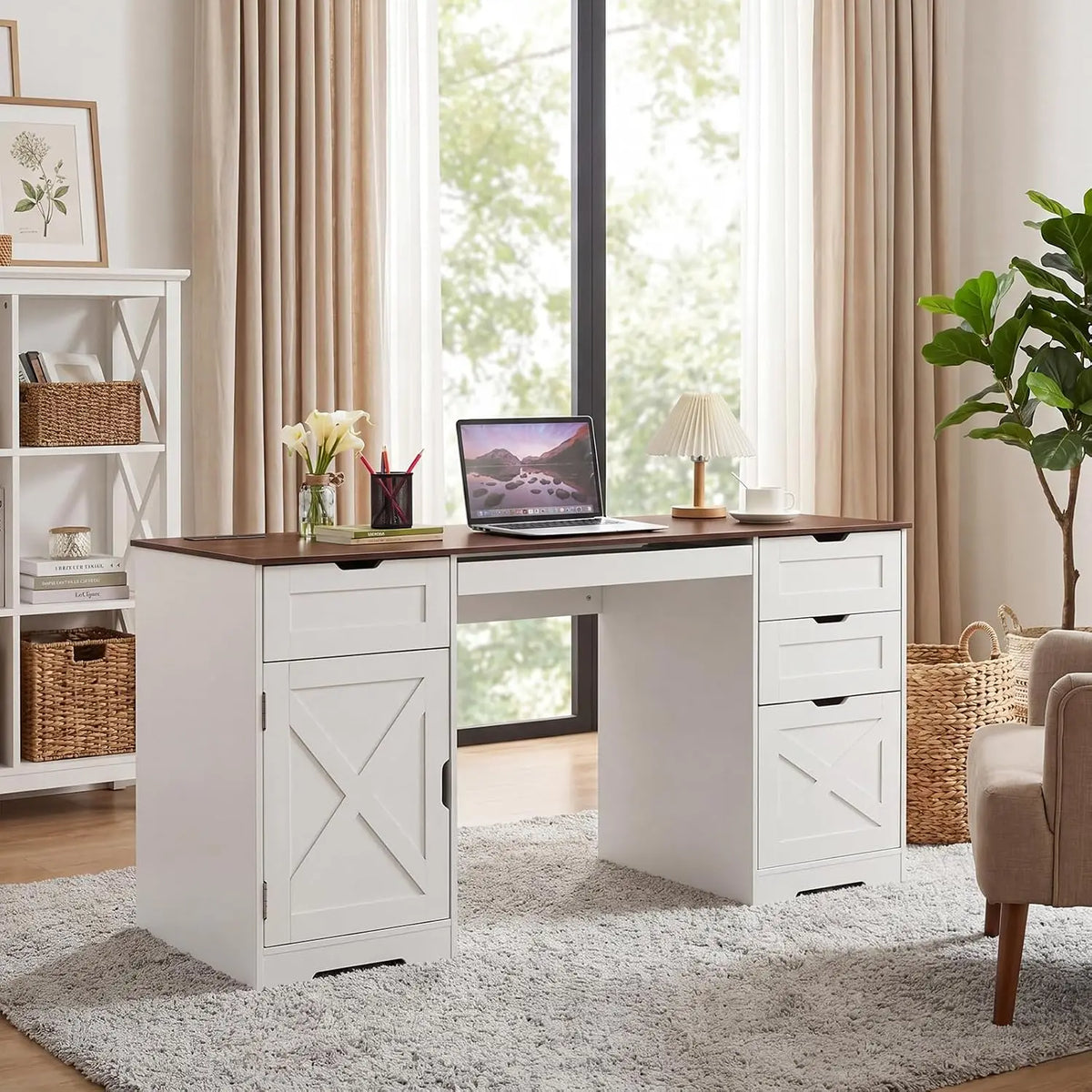 HiMISS Farmhouse Office Desk With Drawers And Charging Station