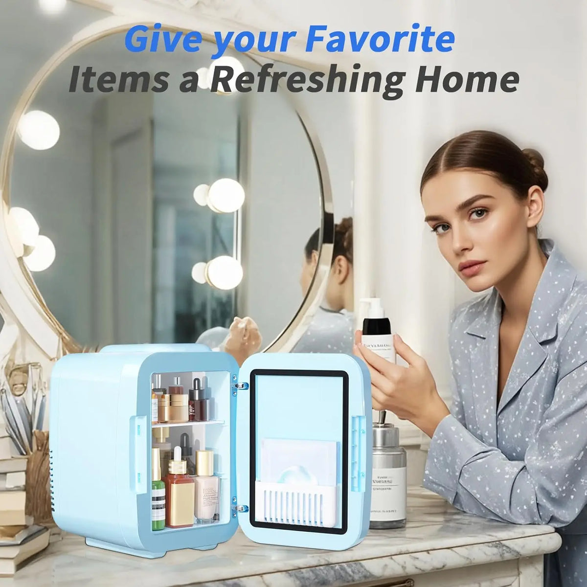 Skincare Fridge Mini Fridge for Bedroom with Dimmable LED Mirror, 4Liter/6 Cans Cooler and Warmer for Makeup
