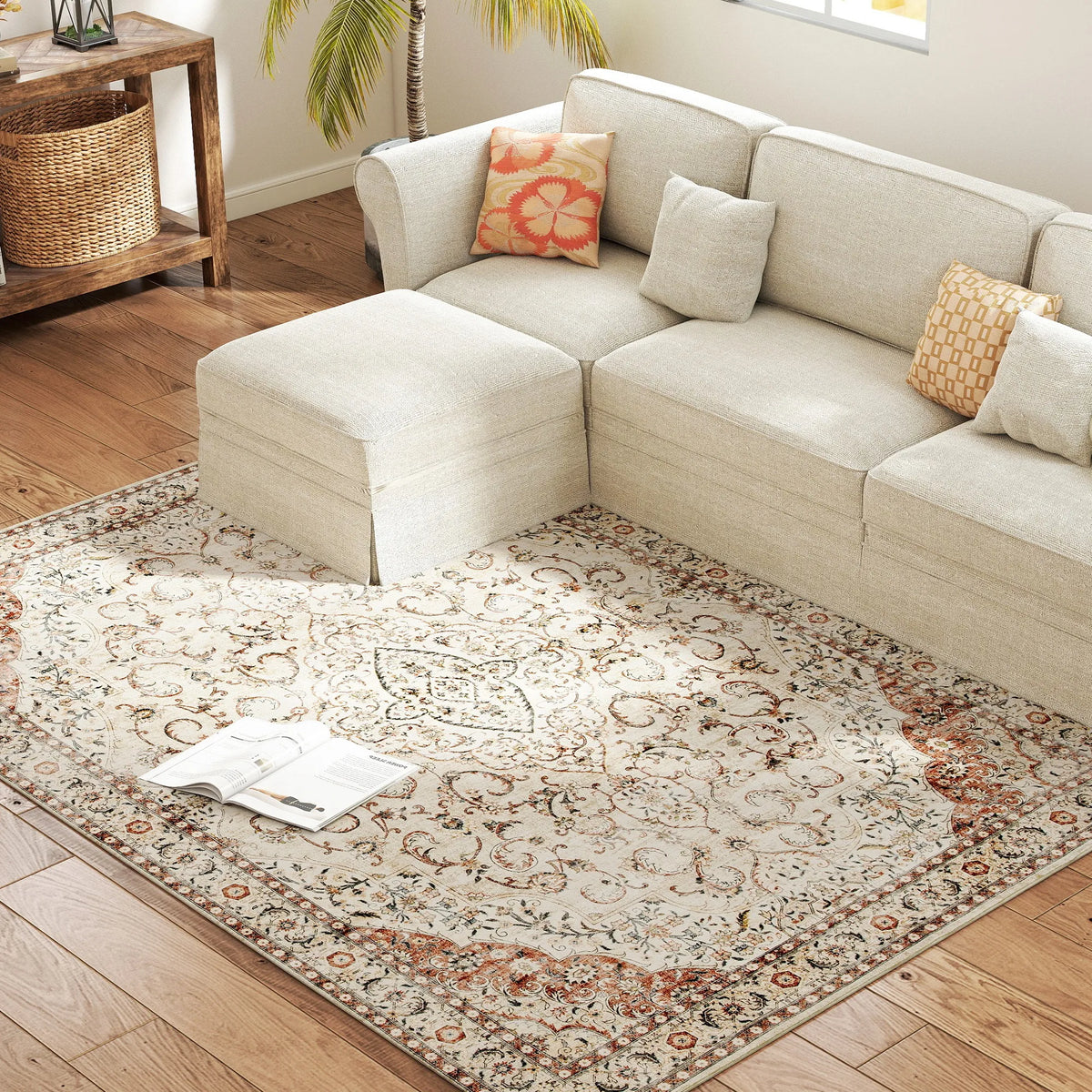 Machine Washable Vintage Oriental Area Rug With Durable Rubber Backing