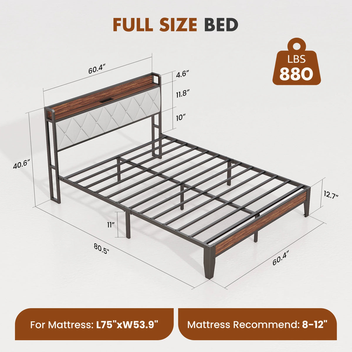JHK Heavy Duty Metal Bed Frame With Headboard Charging Station