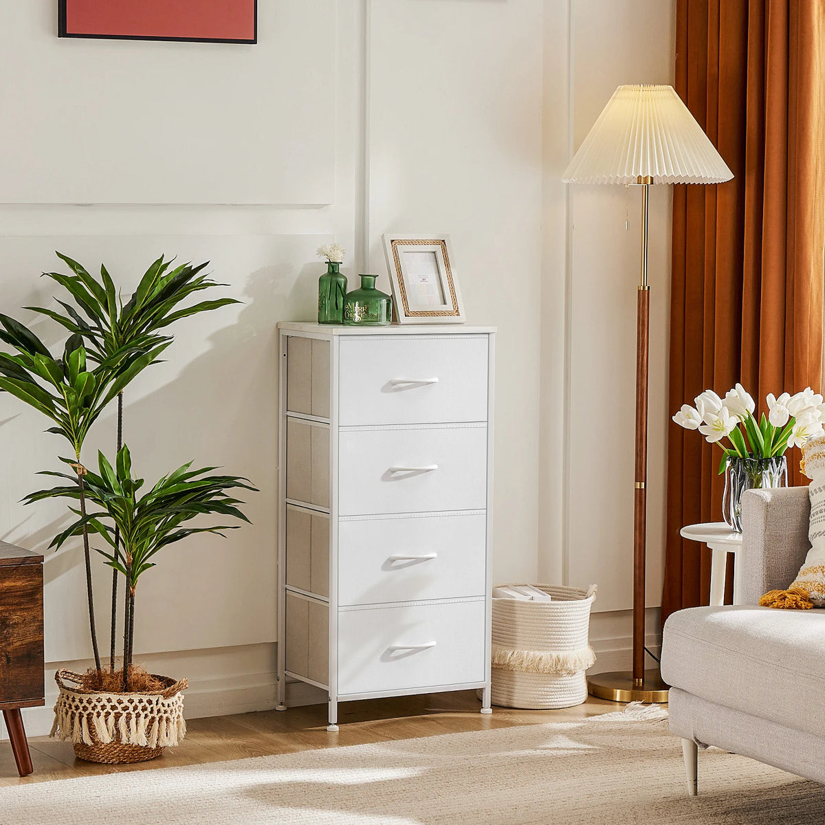 JHK Four Drawer Fabric Dresser With Steel Nightstand Cabinet