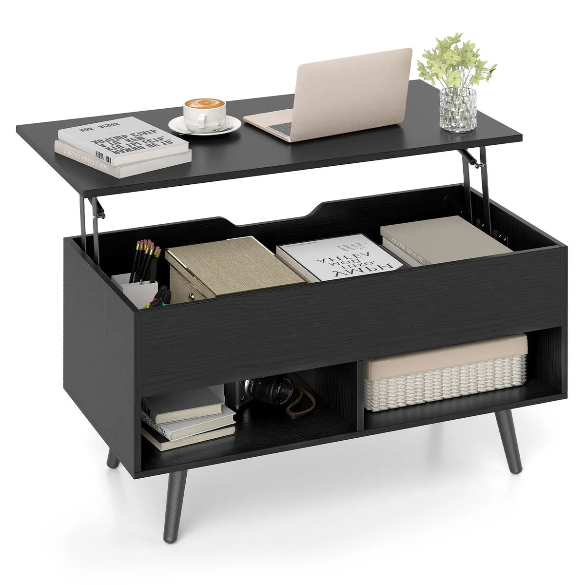 Desk Lift Top Coffee Table Featuring Hidden Compartment And Shelves