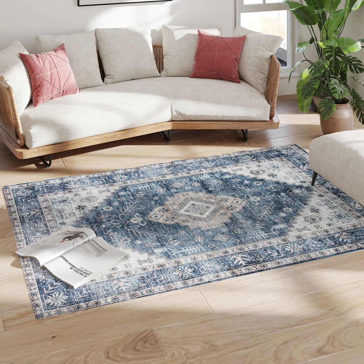 Machine Washable Vintage Oriental Medallion Area Rug Polyester