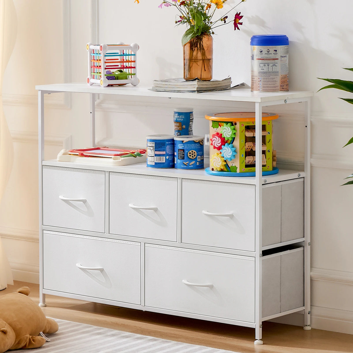 JHK Tv Stand With Fireplace And Five Fabric Drawers Storage