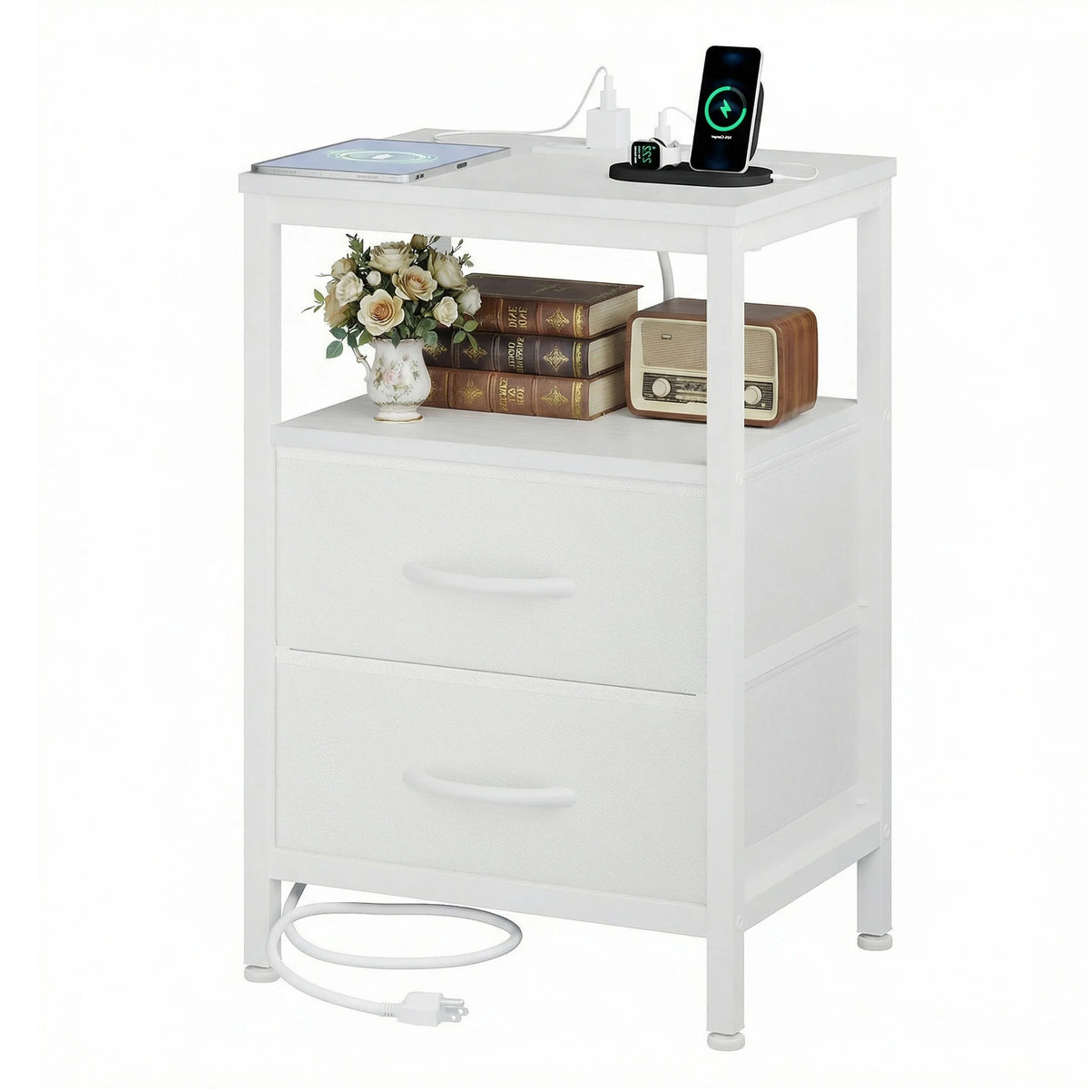 JHK Modern Night Stand With Fabric Drawers And USB Charging