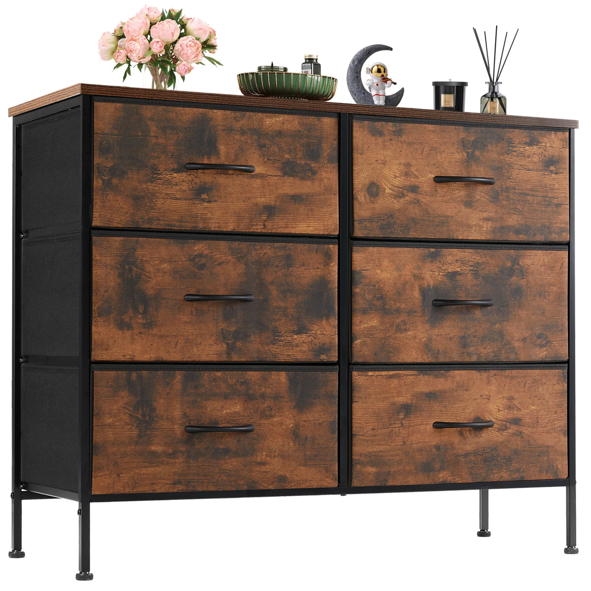 JHK 6 Drawer Metal Nightstand With Fabric Storage Organizer