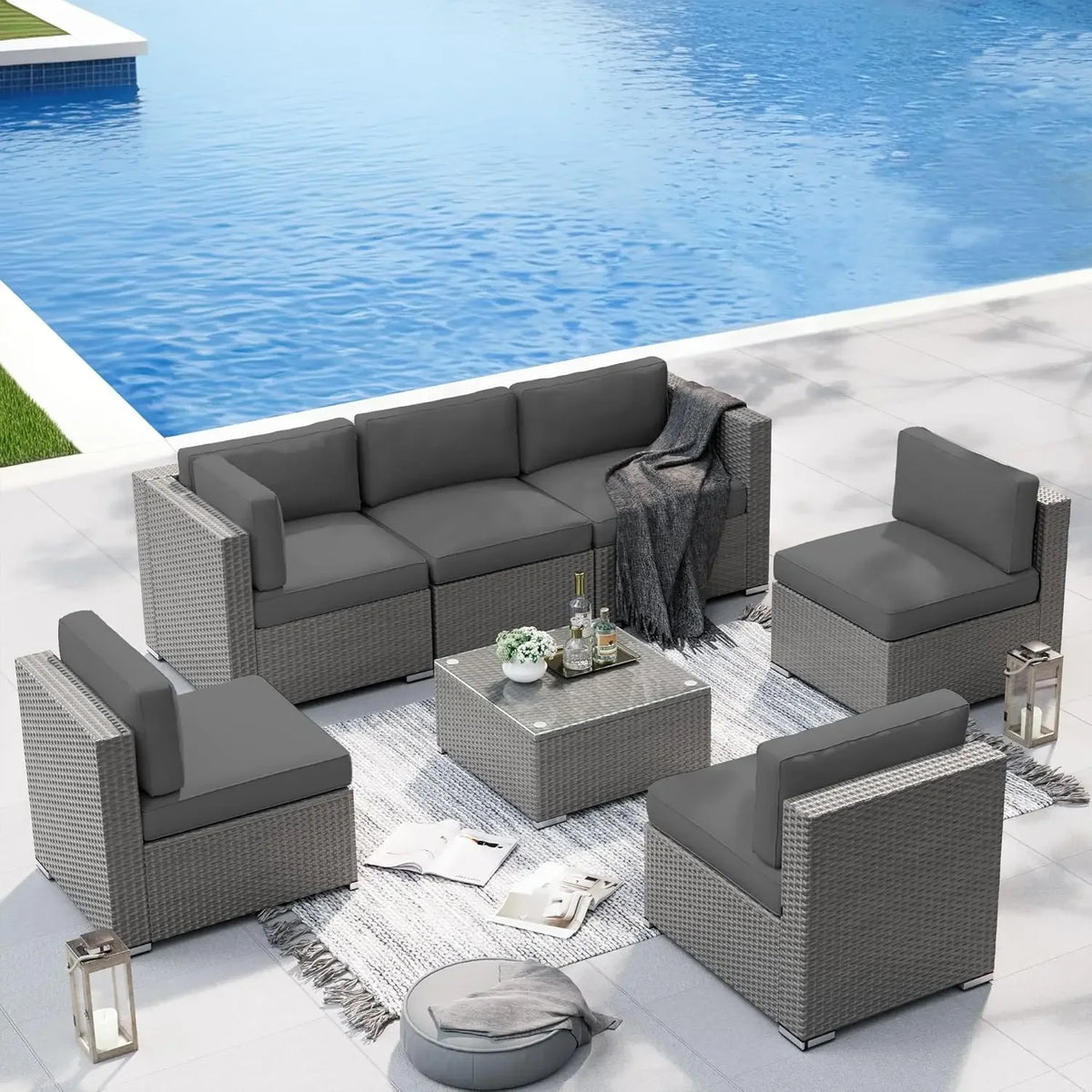Modern Bamboo Wicker Patio Sofa Set With Coffee Table