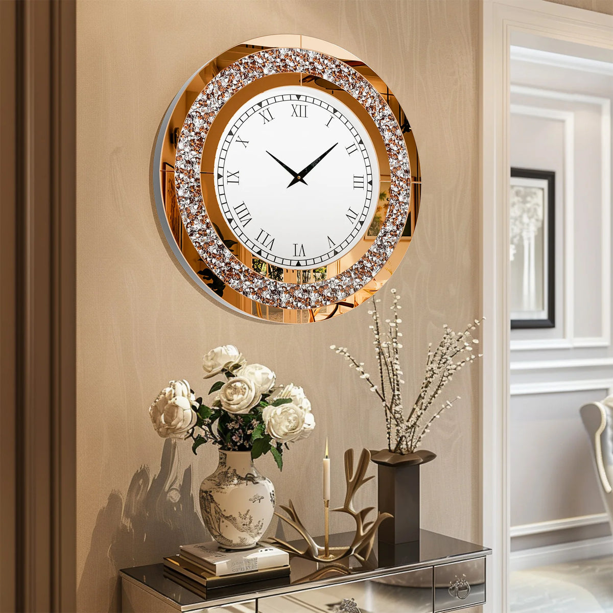 Elegant Crystal Mirrored Wall Clock With Mute Speaker And Dial