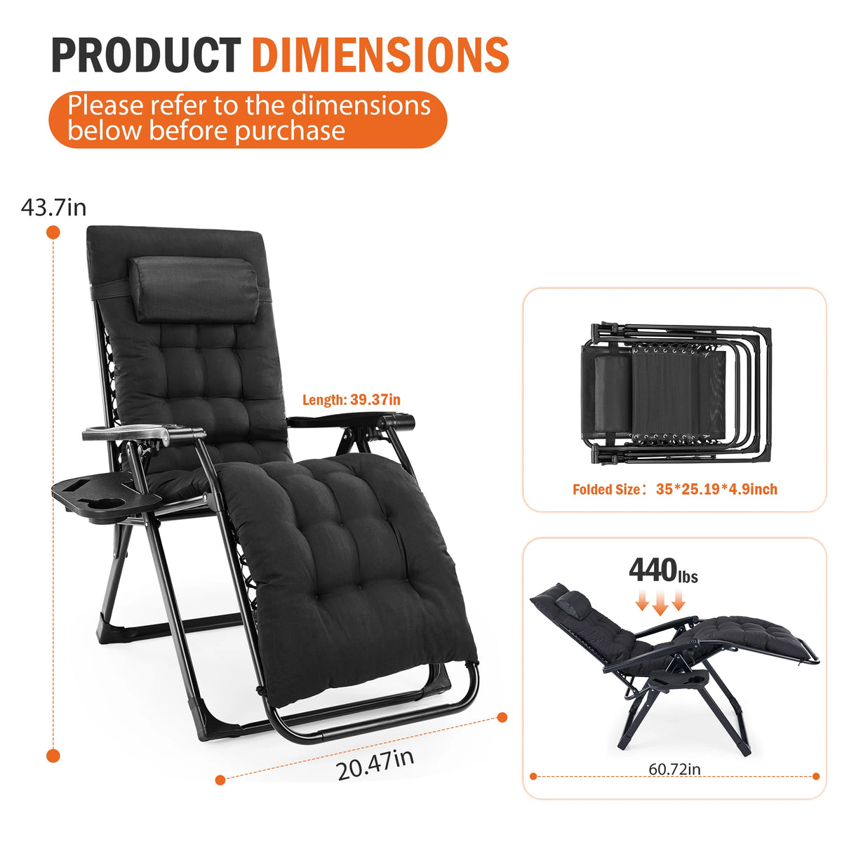 JHK Zero Gravity Reclining Outdoor Lounger With Cup Holder