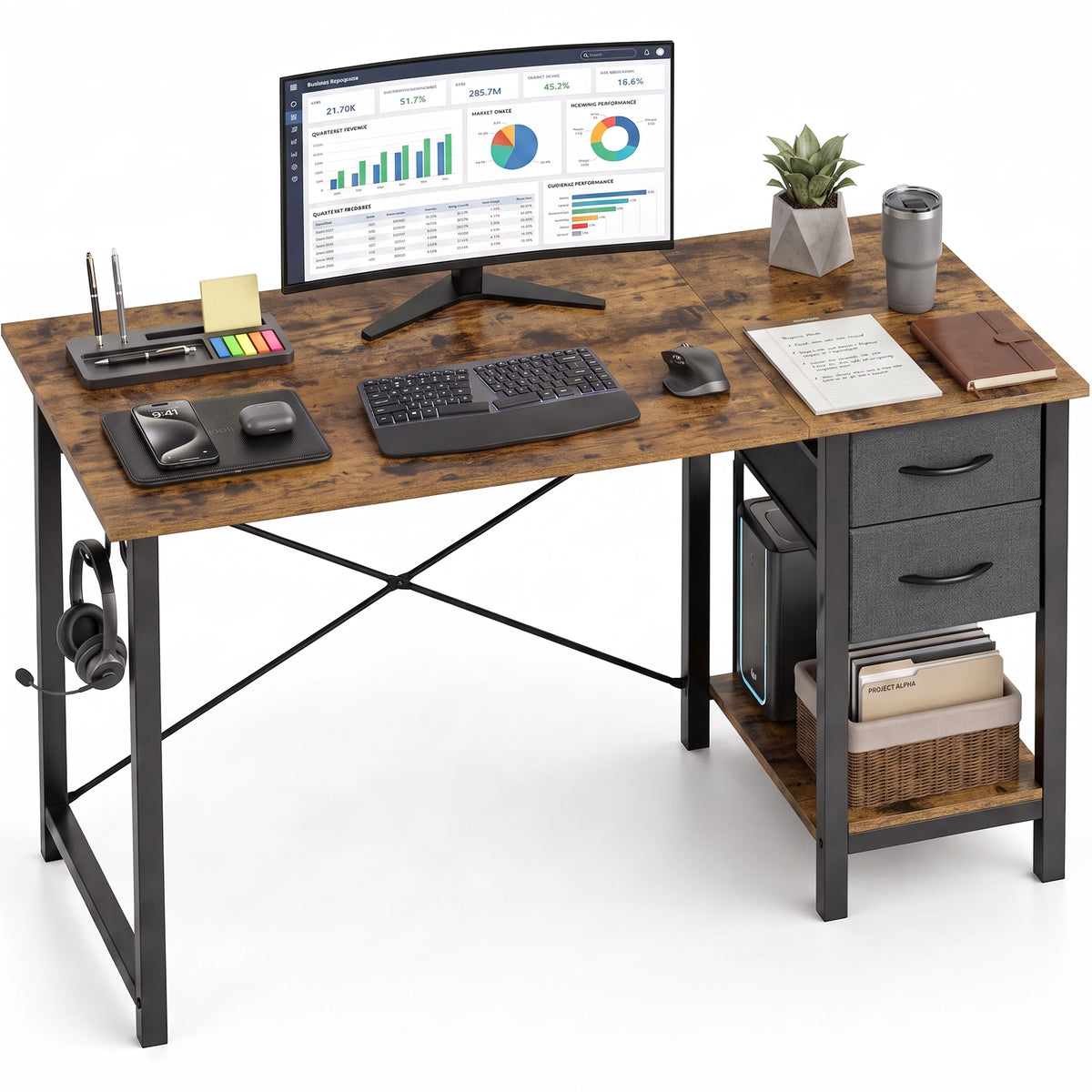 MCQ 47 Inch Standing Office Computer Desk with Drawers and Side Hook Ergonomic Gaming Desk With Storage X‑Frame Stability For Home Office Small Space