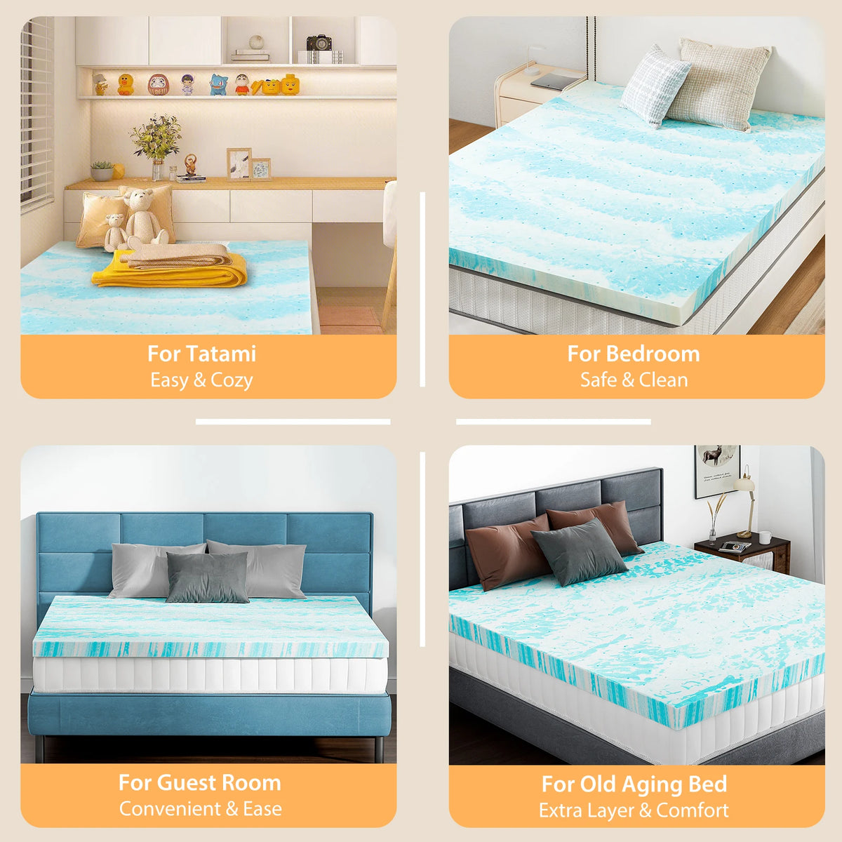 JHK Gel Memory Foam Mattress Topper For Cooling Comfort
