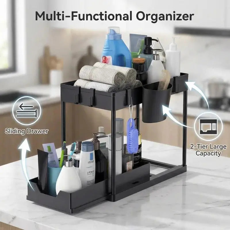 Two Tier Sliding Under Sink Organizer With Hooks And Baskets