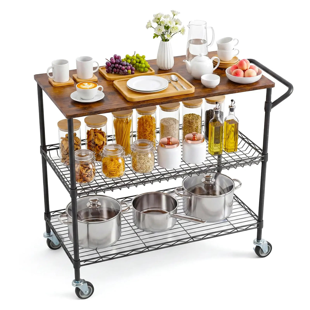 3-Tier Kitchen Island Cart With Wheels, 35.43in Heavy Duty Microwave Stand, Wood Top, Locking Utility Storage Cart For Home Bar