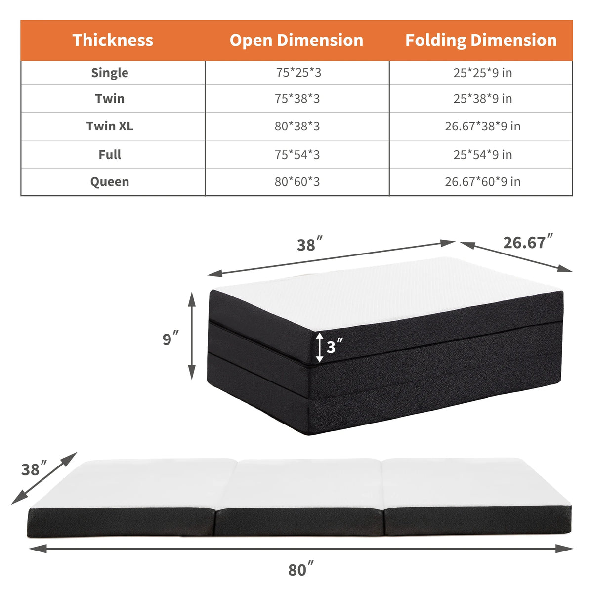 JHK Three Fold Floor Bed Memory Foam Travel Camping Yoga
