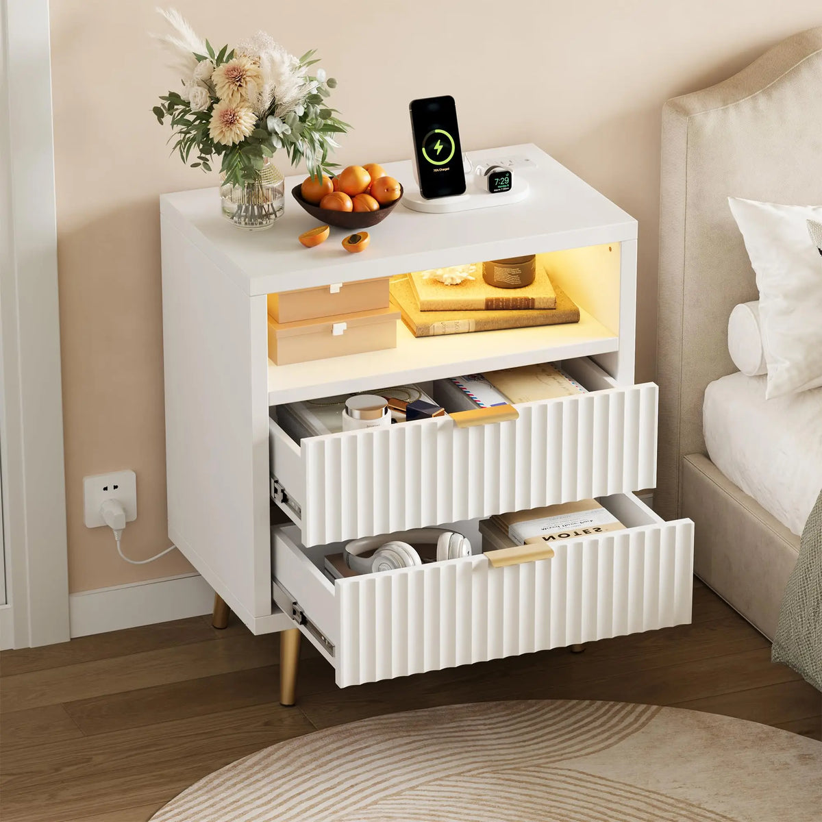HiMISS Wooden Nightstand With Charging Station RGB LED Two Drawers