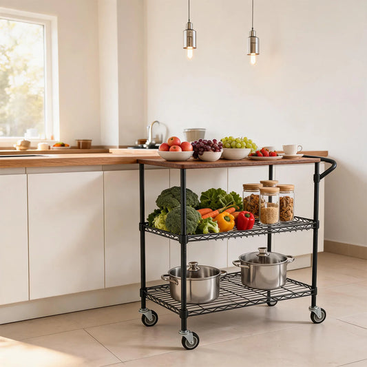 3-Tier Kitchen Island Cart With Wheels, 35.43in Heavy Duty Microwave Stand, Wood Top, Locking Utility Storage Cart For Home Bar