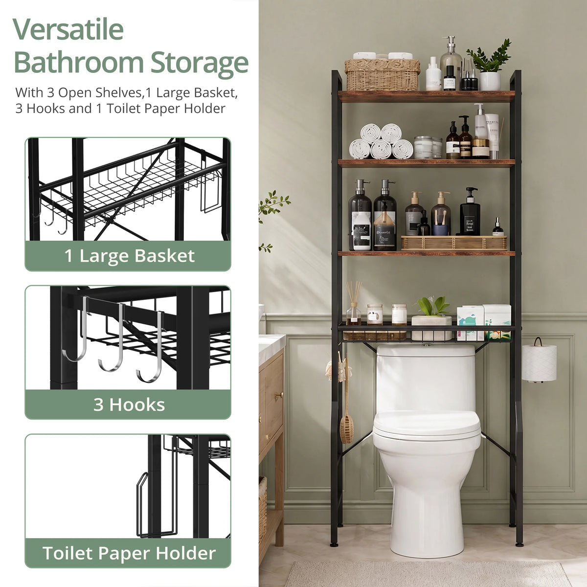 JHK Over Toilet Storage Rack With Adjustable Shelves And Hooks