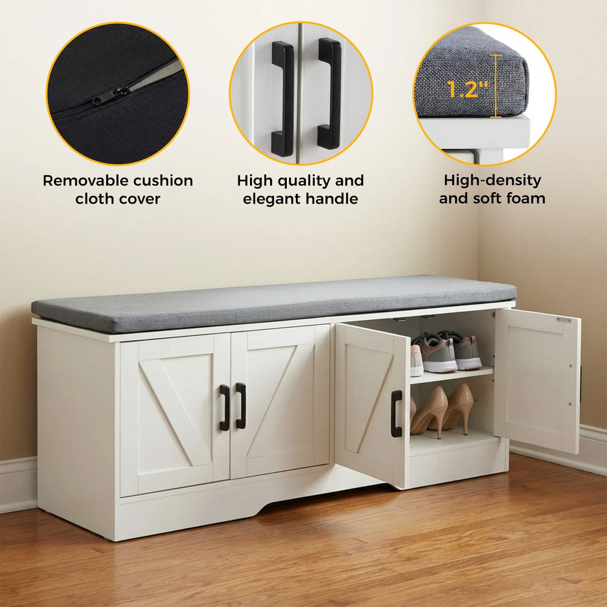 JHK Entryway Storage Bench With Padded Cushion And Shelves