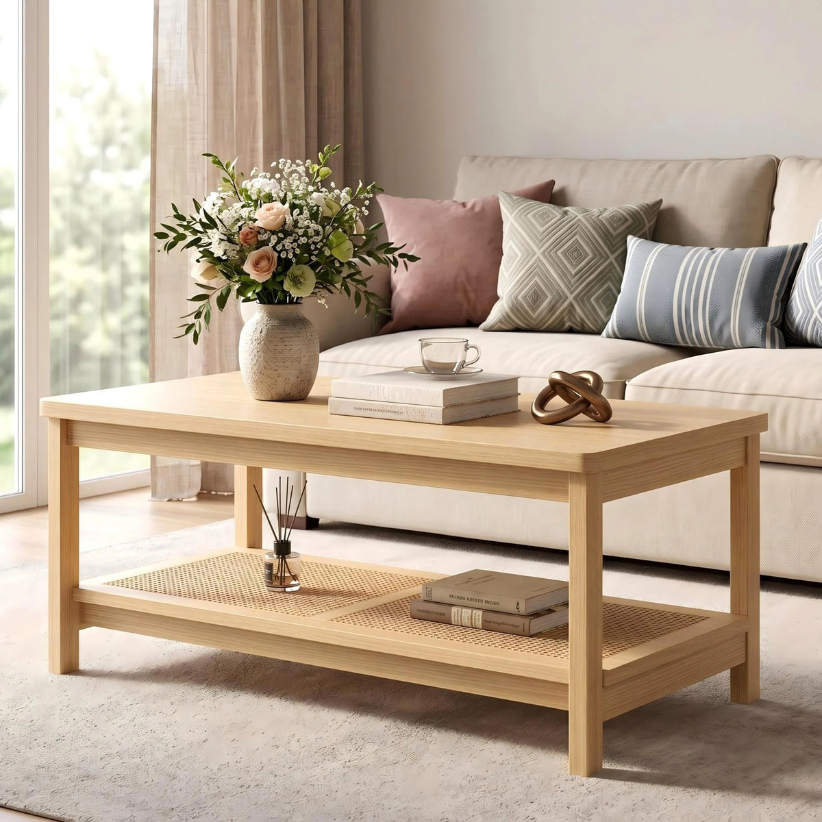 HiMISS Two Tier Coffee Table With Rattan Storage Shelf