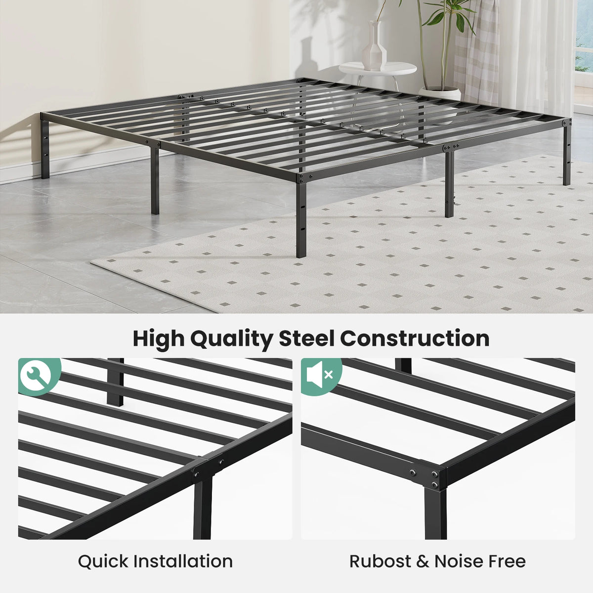 JHK Sturdy Steel Metal Platform Bed Frame With Slatted Support