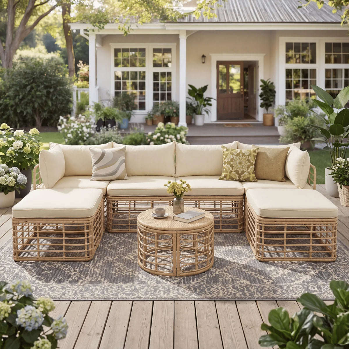 Outdoor Rattan Patio Sectional Sofa Set With Cushions And Pillows