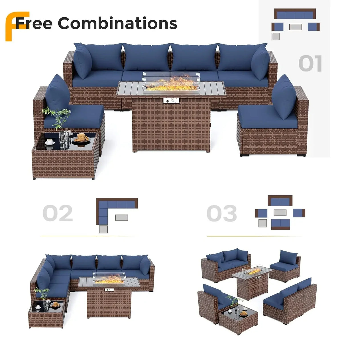Modern Bamboo Outdoor Patio Furniture Set With Fire Pit Table