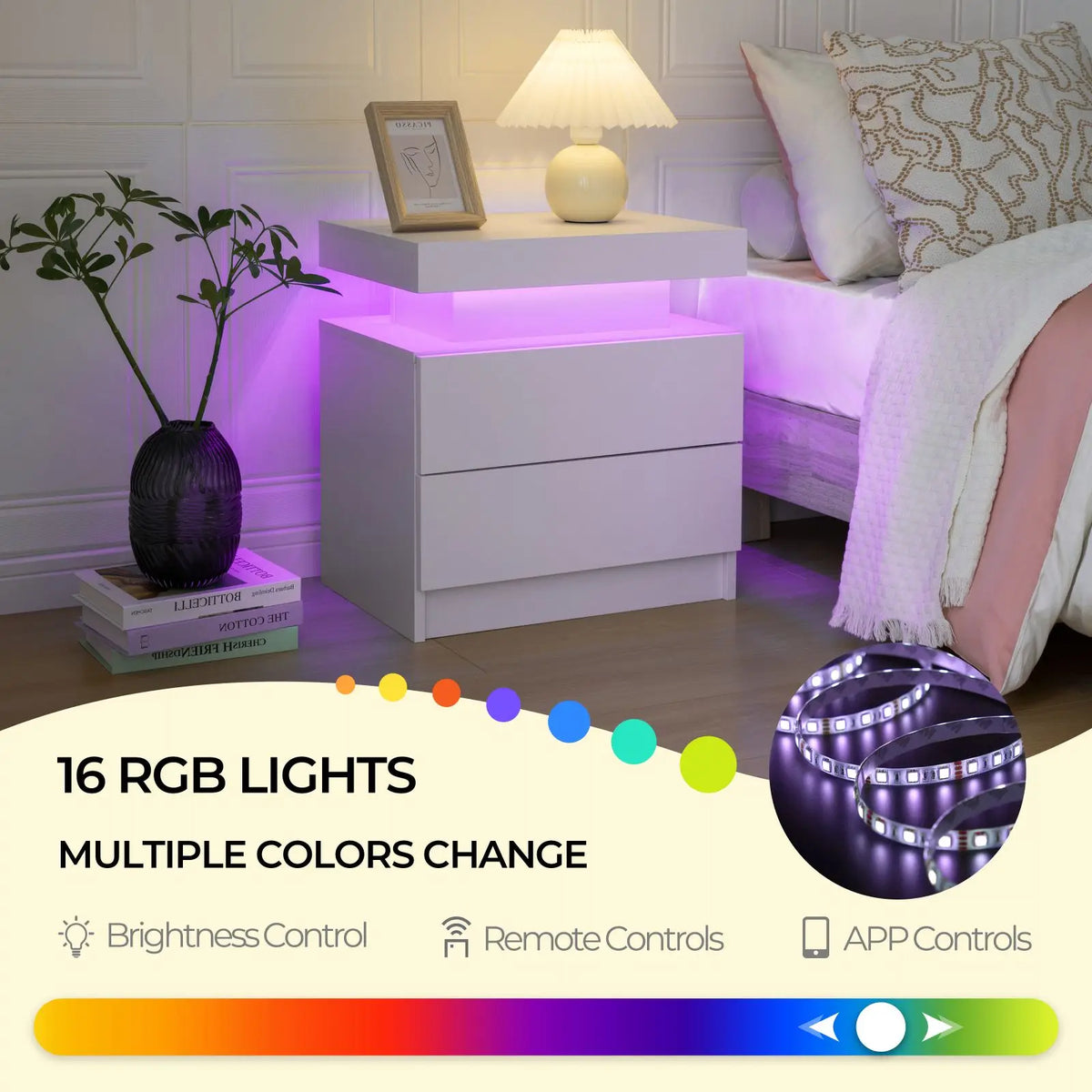 Cubehom LED Nightstand With Two Storage Drawers For Bedroom