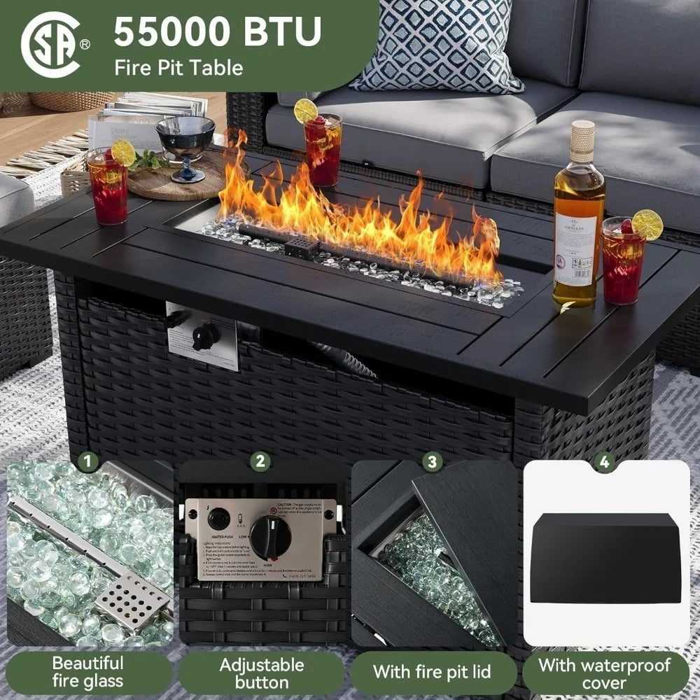 Xiaolang Wicker Patio Sectional Sofa With Fire Pit Table