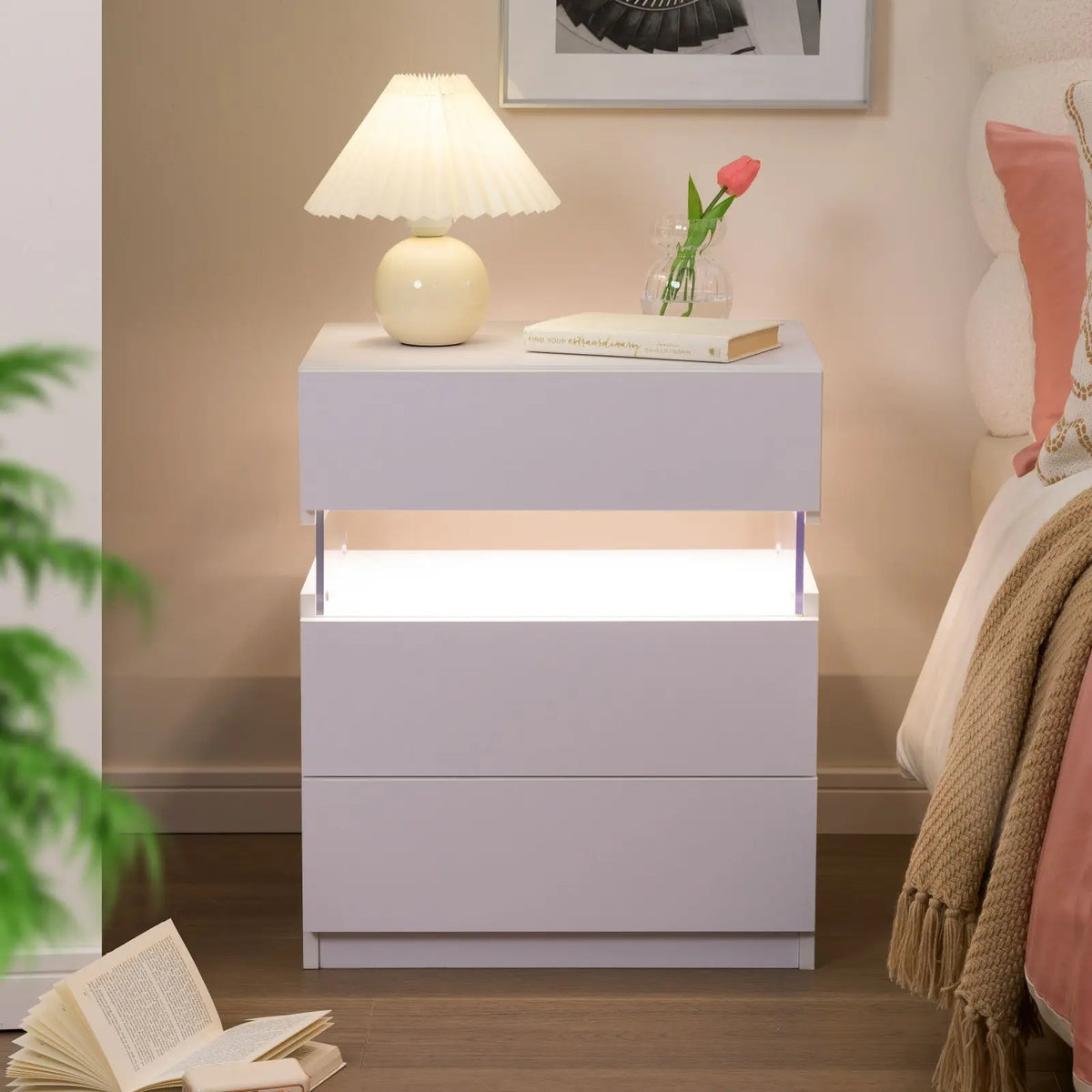 Cubehom Wooden Bedside Tables With Led Lighting And Drawers