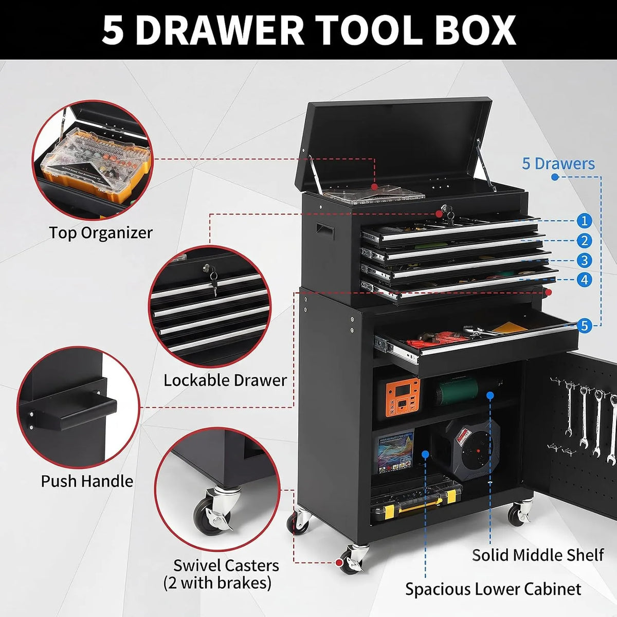 Steel Five Drawer Rolling Tool Cabinet With Lockable Mobile Cart