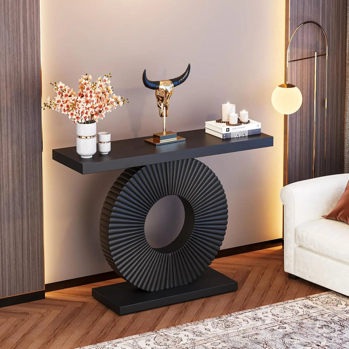 Modern Wood Console Table With Sculptural Geometric Base