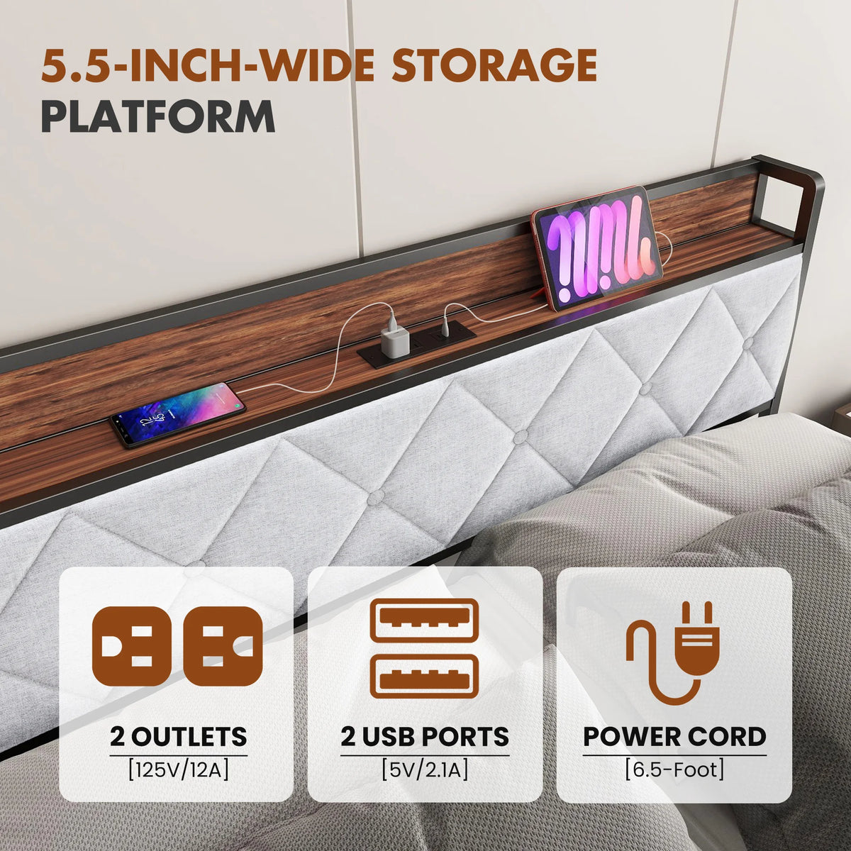 JHK Heavy Duty Metal Bed Frame With Headboard Charging Station