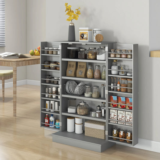 HOMCOM 41" Kitchen Pantry Storage Cabinet, Freestanding Kitchen Cabinet with 12 Door Shelves, 2 Doors, 5-tier Shelving and Adjustable Shelves, Gray