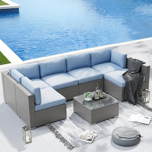 Modern Bamboo Wicker Patio Sofa Set With Coffee Table